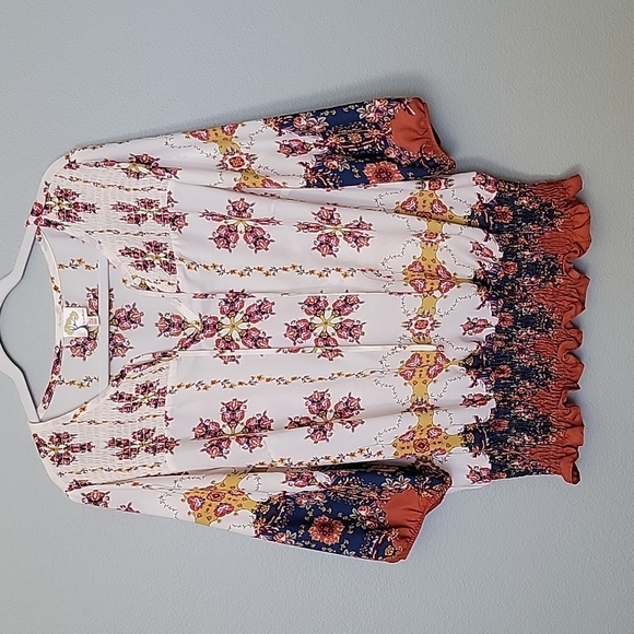 Fig & Flower Boho Spring Vibrant Fall 2X Smocked Bottom Hem Blouse Top - Picture 1 of 7